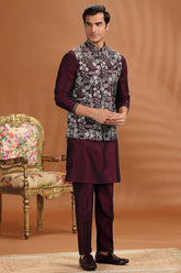Wine Purple Silk Sequin Embroidered Kurta Pajama with Jacket